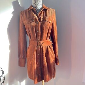 Urban Outfitters Corduroy Burnt Orange Long Sleeve Tie Dress